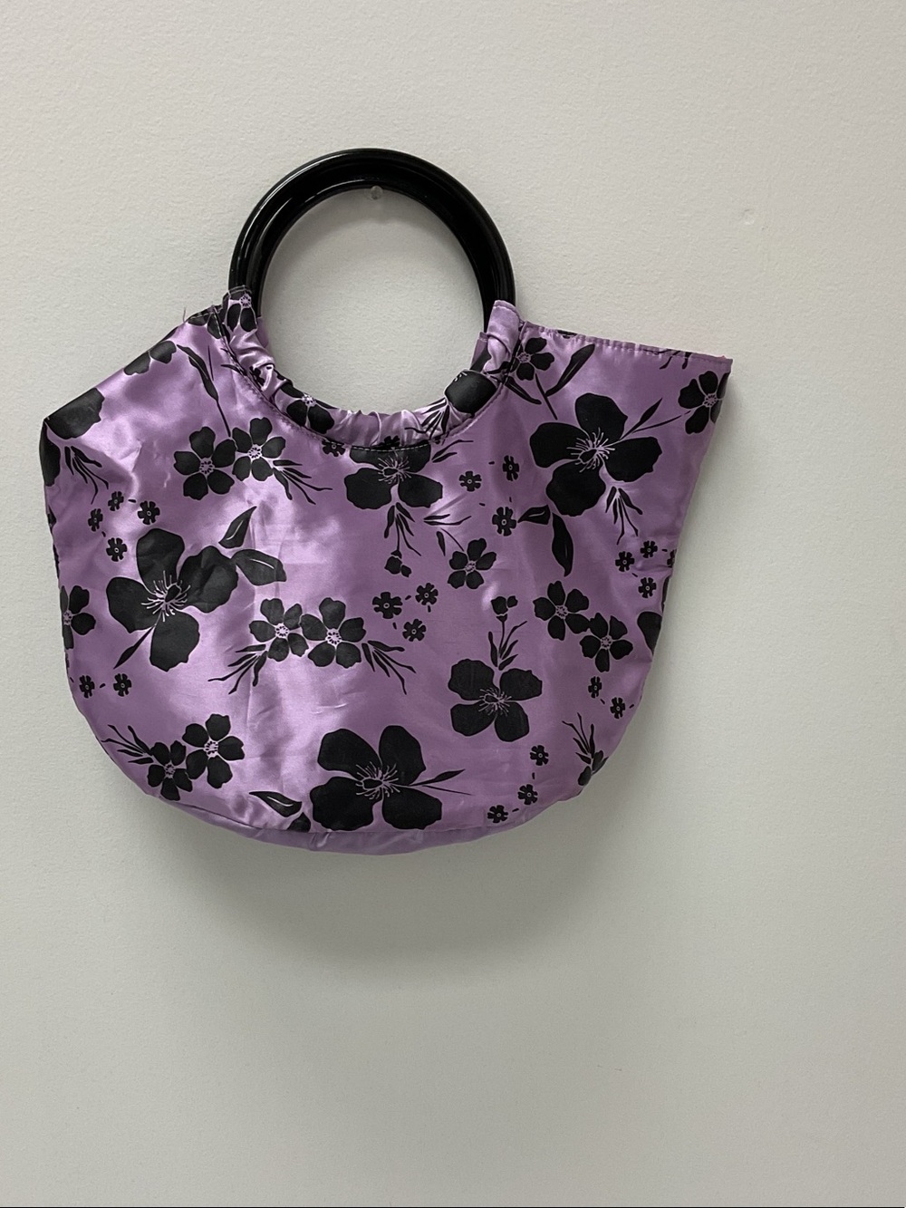 Lavender Floral Satin Tote with Black Ring Handles